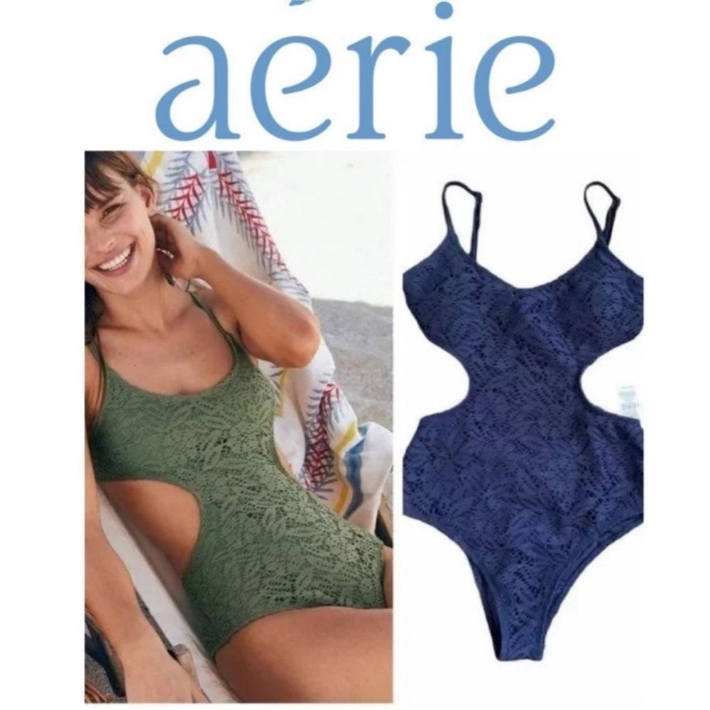 Aerie Swim Wear Monokini Cheeky Swim Suit Navy Blue Crochet Flower Leaf Print
